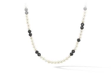 shop spiritual bead necklace with pearls and pave black diamonds.