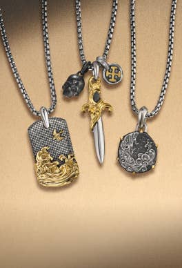 David Yurman's mixed metal amulets and chains for men.
