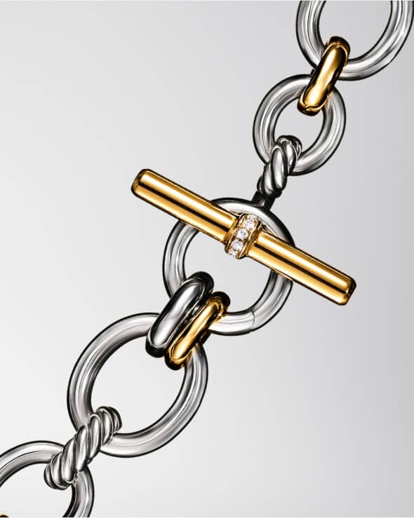 Close up of a silver and gold David Yurman Mercer chain.