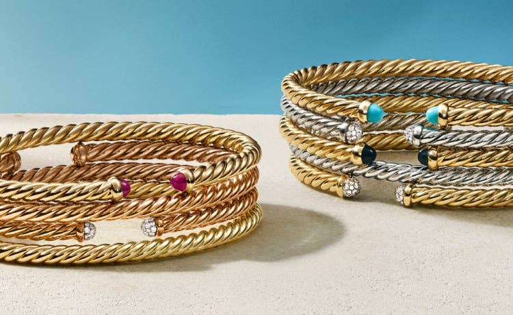An image of Cablespira bracelets in yellow, rose and white gold.