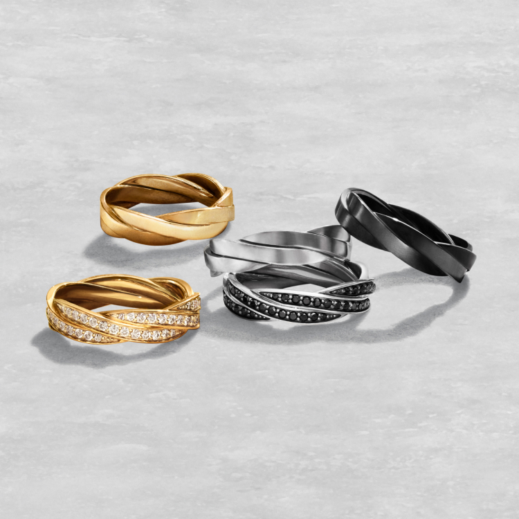 An image of five DY Helios band rings.