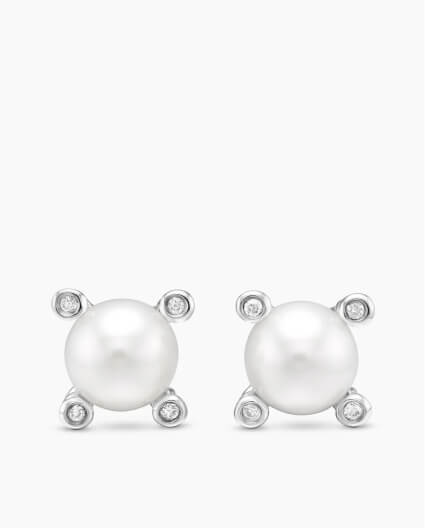 Pearl Stud Earrings in Sterling Silver with Pearls and Diamonds, 7.4mm Pearl Stud Earrings in Sterling Silver with Pearls and Diamonds, 7.4mm