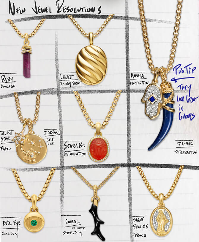 Will Kahn's holiday jewelry collage featuring David Yurman gold jewelry gift ideas.