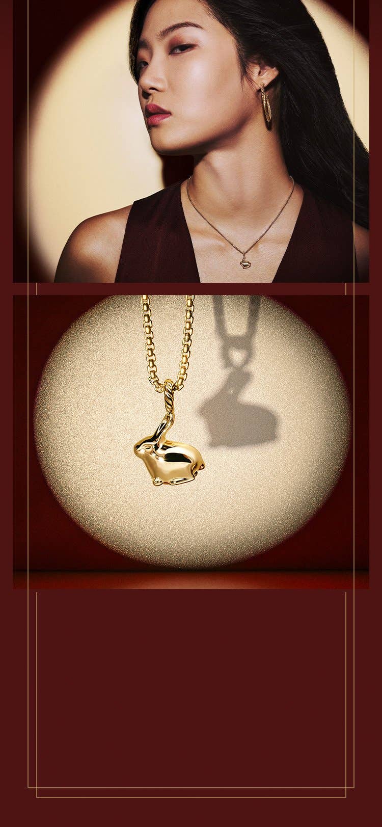 An image of a gold bunny and a female model wearing the bunny and gold hoops..