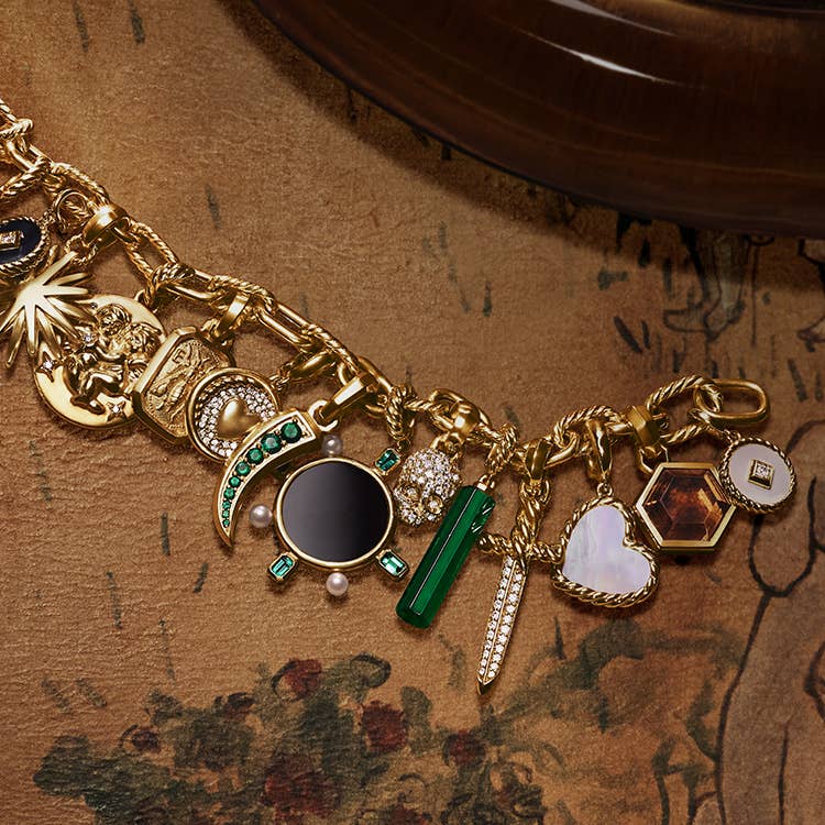An image of a gold charm bracelets with multiple amulets attached.