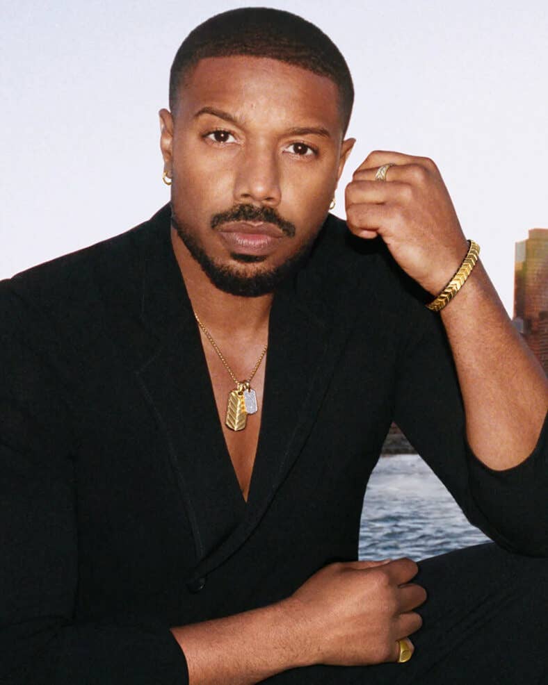 Michael B. Jordan wearing David Yurman Chevron jewelry.