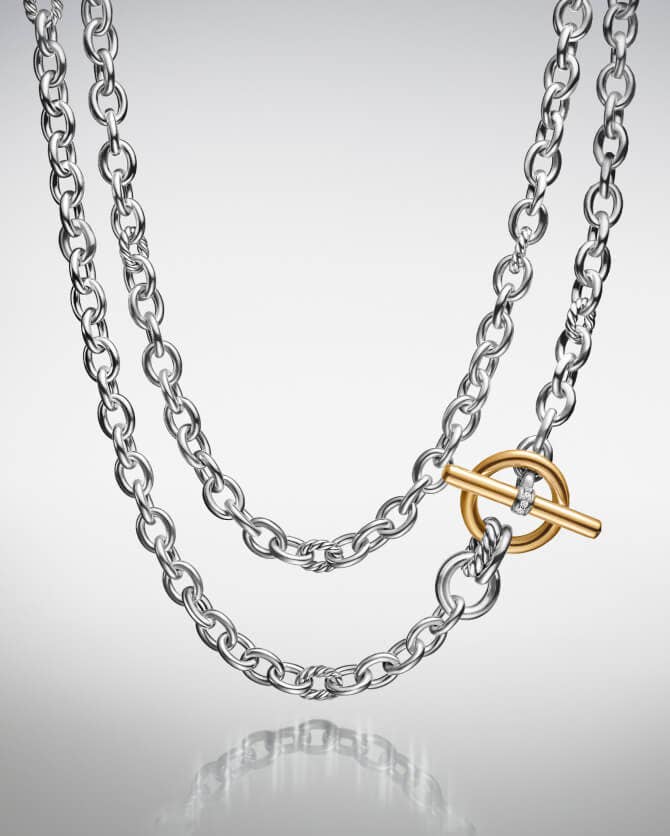 David Yurman Mercer chain necklace in silver and gold.