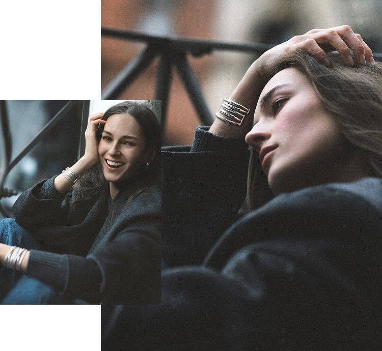 Collage of a model wearing David Yurman jewelry.