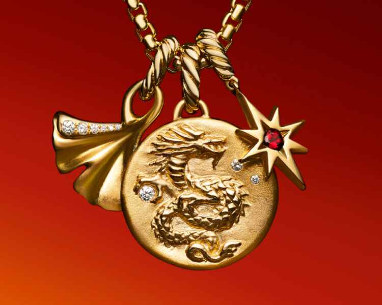 An image of a David Yurman Dragon amulet with gold chains.