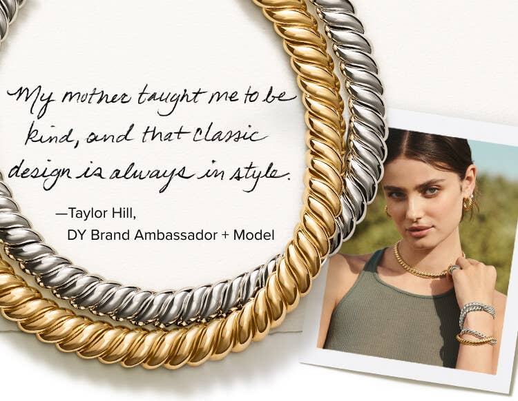 An image of Taylor Hill and two sculpted cable necklaces with a quote from her.