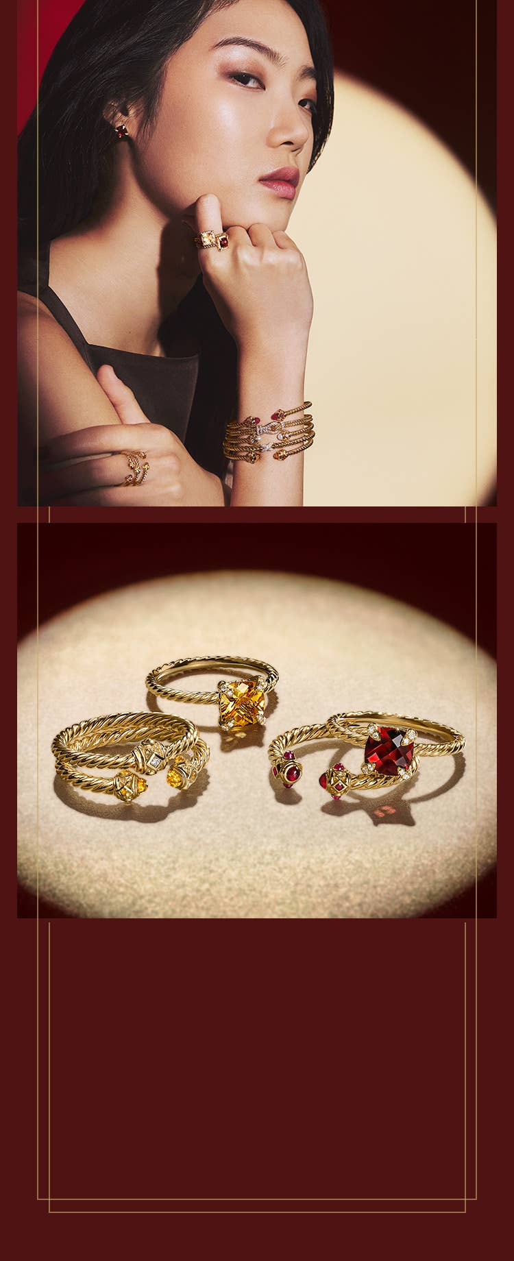 An image of a model wearing gold cable bracelets and a stack of red, yellow and gold rings.