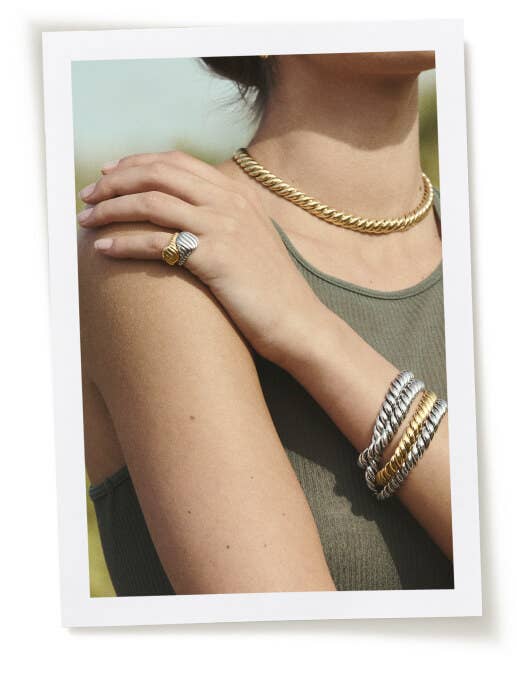 An image of Taylor Hill wearing David Yurman's Sculpted Cable collection.