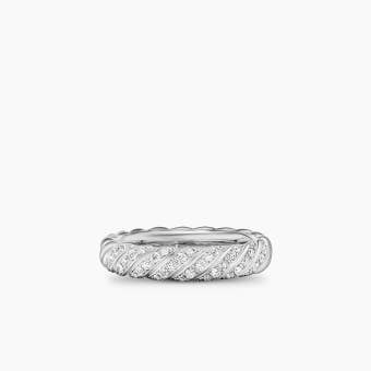 Sculpted Cable Band Ring in 18K White Gold with Diamonds, 4.6mm 