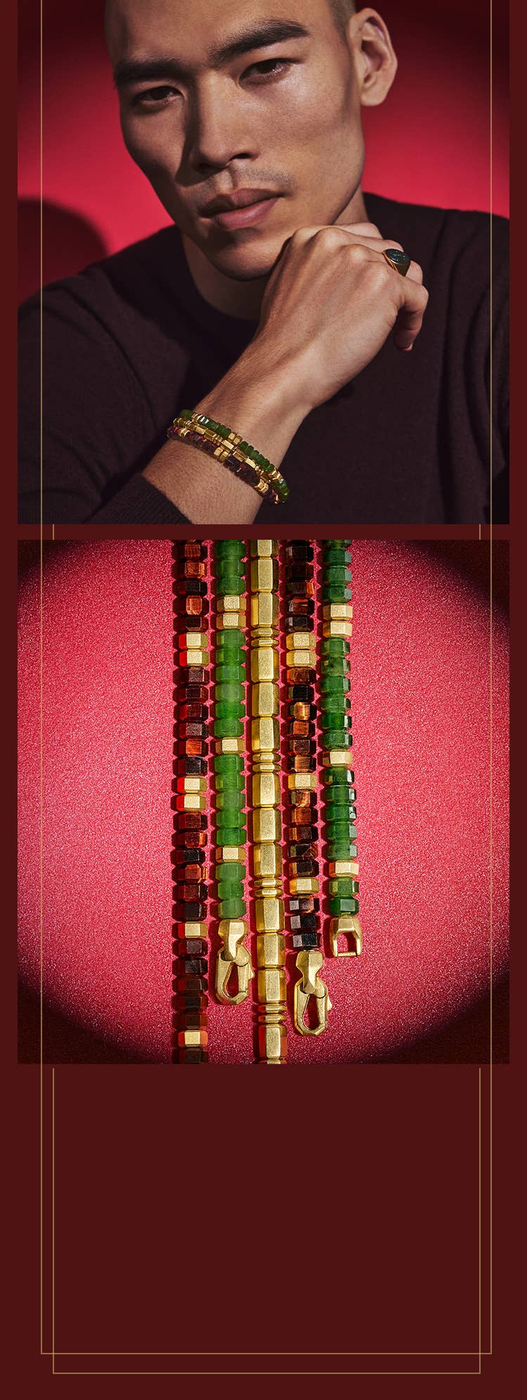 An image of a hex red, green and gold bracelets and a male model wearing them..