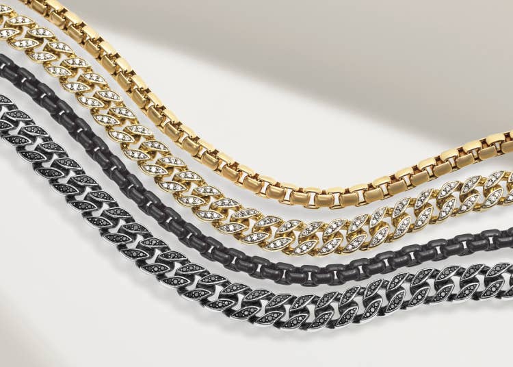Four David Yurman chains for men in mixed metals and diamonds.