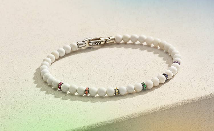 Shop white spiritual beads bracelet with rainbow pavé.