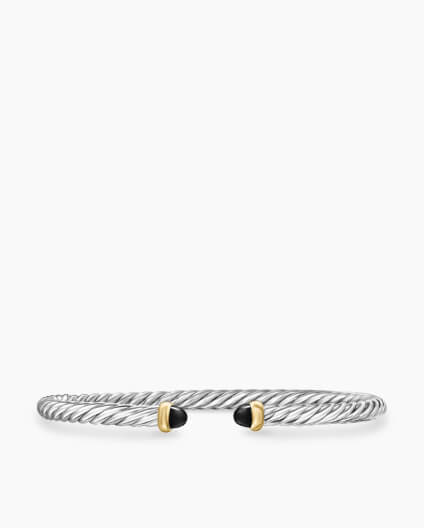 Cable Flex Bracelet in Sterling Silver with 14K Yellow Gold and Black Onyx, 4mm Cable Flex Bracelet in Sterling Silver with 14K Yellow Gold and Black Onyx, 4mm