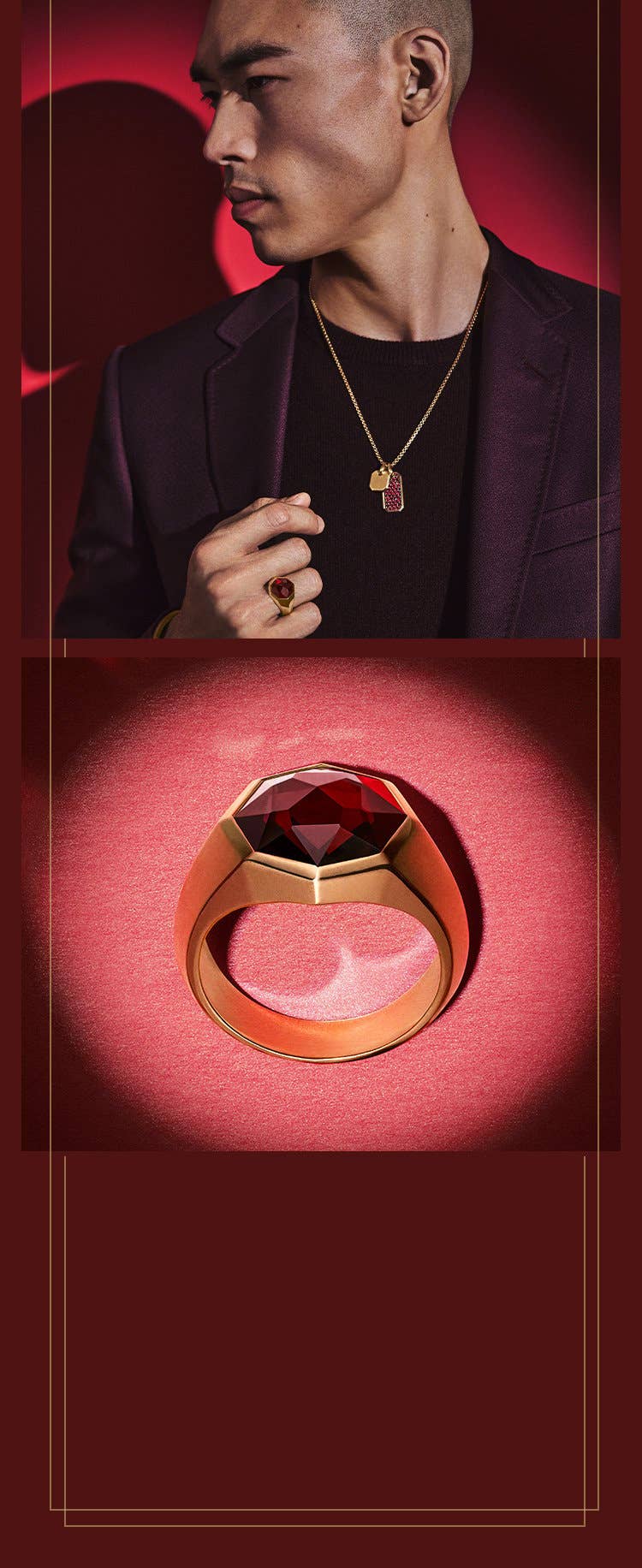 An image of a garnet and gold signet ring and a male model wearing gold amulets and ring.