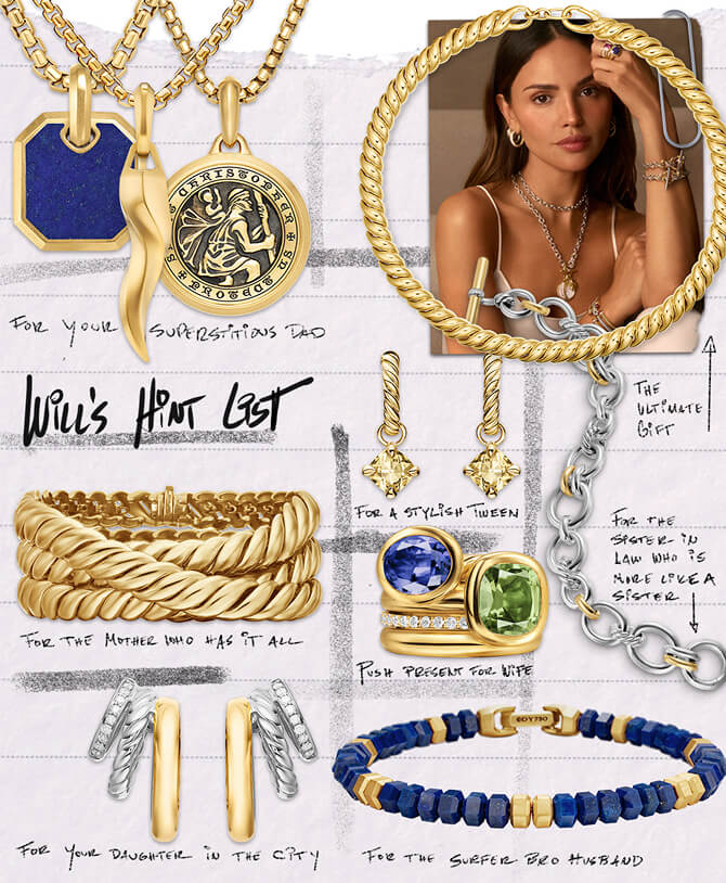 Le collage de bijoux pour les F&ecirc;tes de Will&nbsp;Kahn mettant en vedette des id&eacute;es-cadeaux de bijoux en or David&nbsp;Yurman.