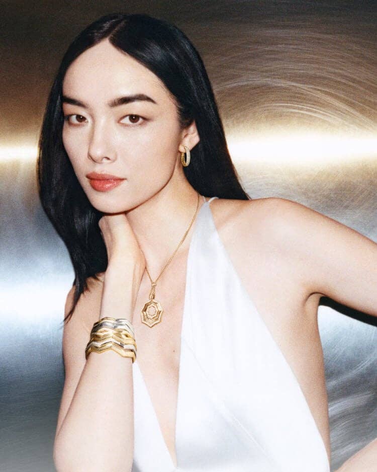 David Yurman Brand Ambassador Fei Fei Sun, wearing bracelets and necklace from the Zig Zag Stax collection.