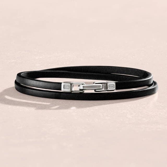 Streamline® Double Wrap Black Leather Bracelet with Sterling Silver.