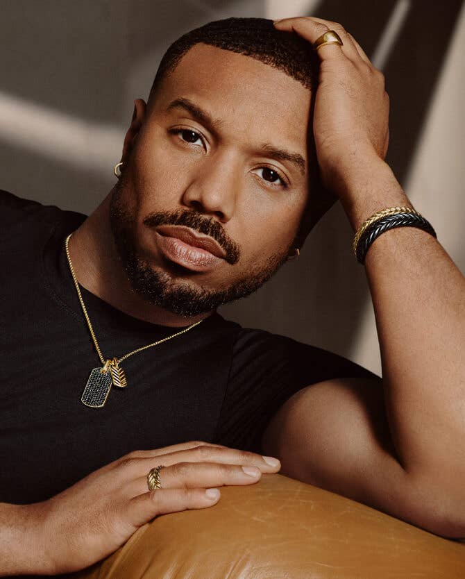 Michael B. Jordan Wearing A Mix of David Yurman Gold and Silver Bracelet Cuffs