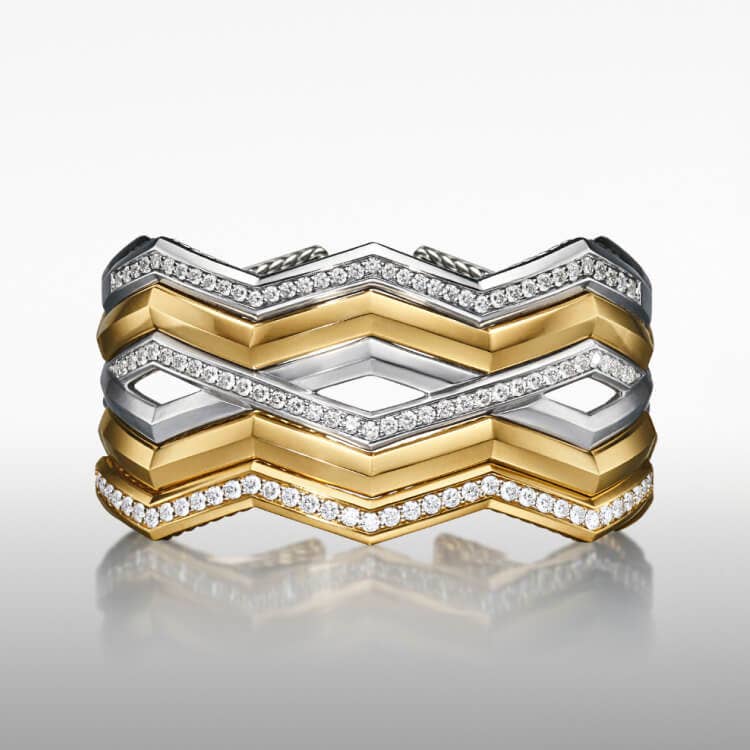 David Yurman ZigZag Stax bracelets in gold and silver with pave diamonds.