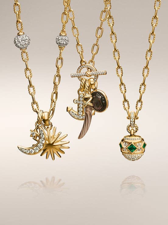 A mix of David Yurman women's chains with amulets. 