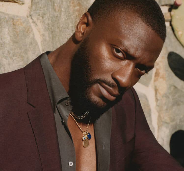 An image of Aldis Hodge wearing bracelets, amulets and signet ring.