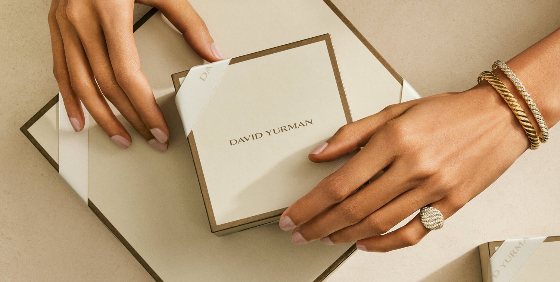 Hands holding David Yurman gift packaging.