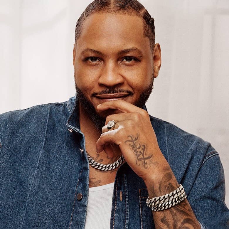 Carmelo Anthony wearing David Yurman Curb Chain necklace and bracelets. 
