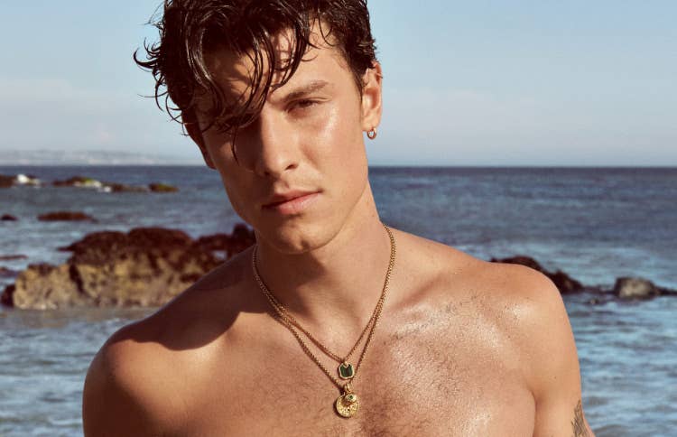 Shawn Mendes wearing 3 David Yurman necklaces with 3 different pendants.