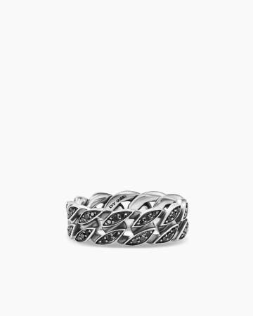 Anneau chaîne en maille cheval en argent massif avec diamants noirs, 8 mm