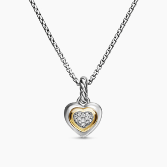 Petite Cable Heart Pendant Necklace in Sterling Silver with 14K Yellow Gold and Diamonds, 17.1mm