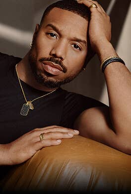 Michael B. Jordan posing in David Yurman Chevron jewelry.