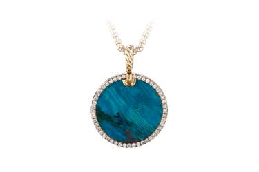 shop DY Elements disc pendant in 18 Yellow gold, chrysocolla and diamonds