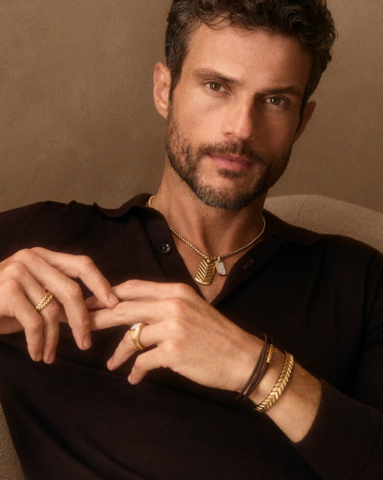 Michael B. Jordan posing in David Yurman Chevron jewelry.