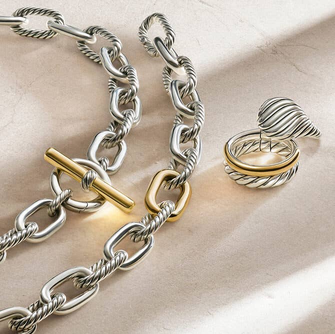 David Yurman Mixed Metal Necklace, Rings, and Earrings.