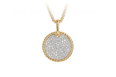 Shop DY Elements disc pendant in 18K white gold with pave diamonds.