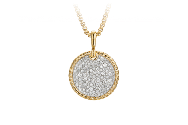 Shop DY Elements disc pendant in 18K white gold with pave diamonds.