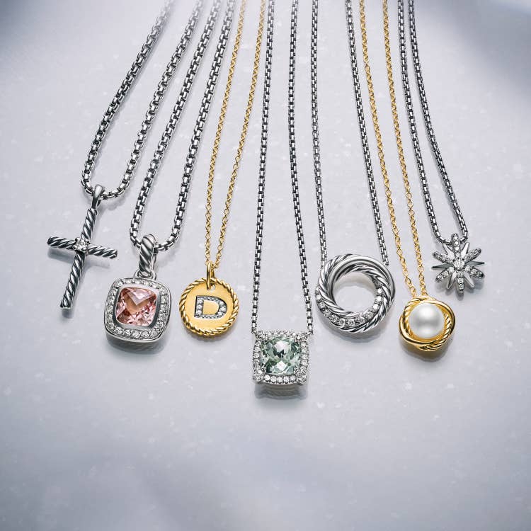 An image of David Yurman pendants and necklaces.