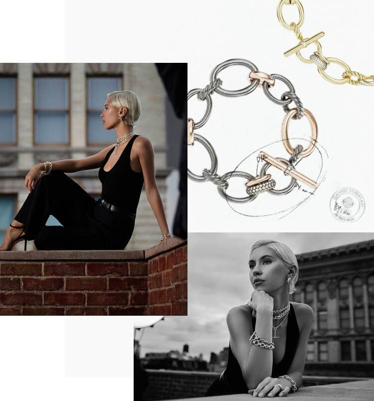 Collage of images featuring David Yurman Brand Ambassador Iris Law wearing DY Mercer® Collection pieces and a hand drawing of a bracelet from the collection.