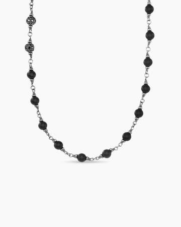 Spiritual Beads Rosary Necklace in Sterling Silver with Black Onyx and Black Diamonds, 6mm