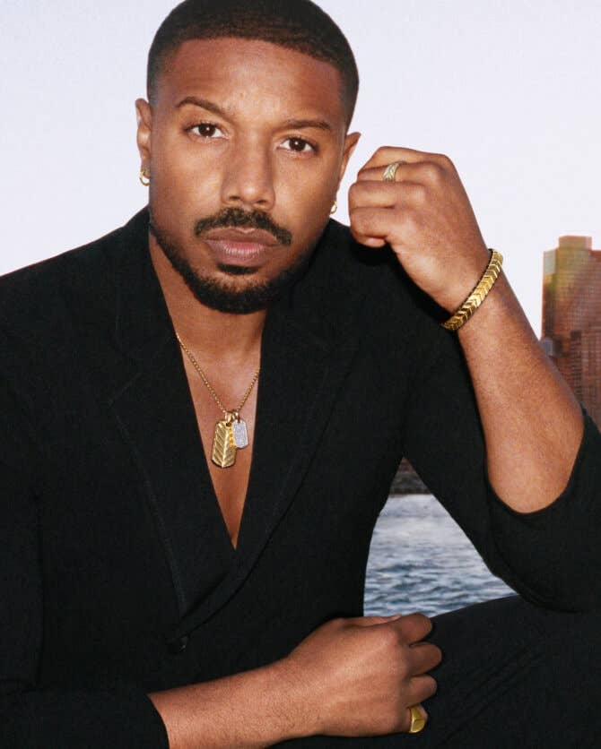 Michael B. Jordan wearing David Yurman Chevron jewelry.