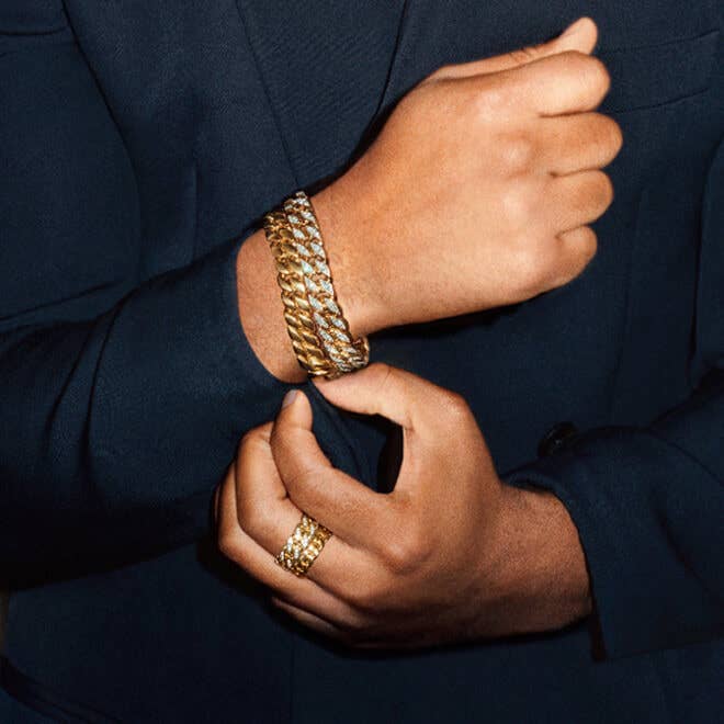 Model wearing David Yurman jewelry.