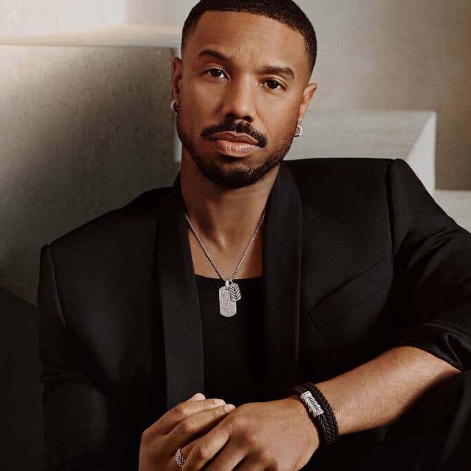 Michael B. Jordan wearing David Yurman Chevron jewelry.