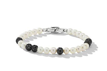 Shop spiritual bead bracelet with pearls and pave black diamonds..