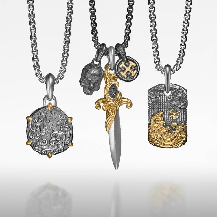 David Yurman amulets for men in gold and silver.