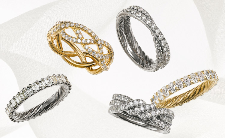 An image of five David Yurman wedding bands for women.