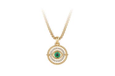 Shop evil eye mobile amulet in 18K yellow gold with emeralds and diamonds.